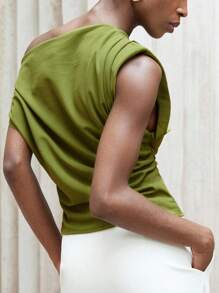 Aveloria Modichic Classy Commuting Well-Cut Old Money Style Asymmetric Shoulder Design Ruched Small Cap Sleeve Gathered Waist Women's Blouse