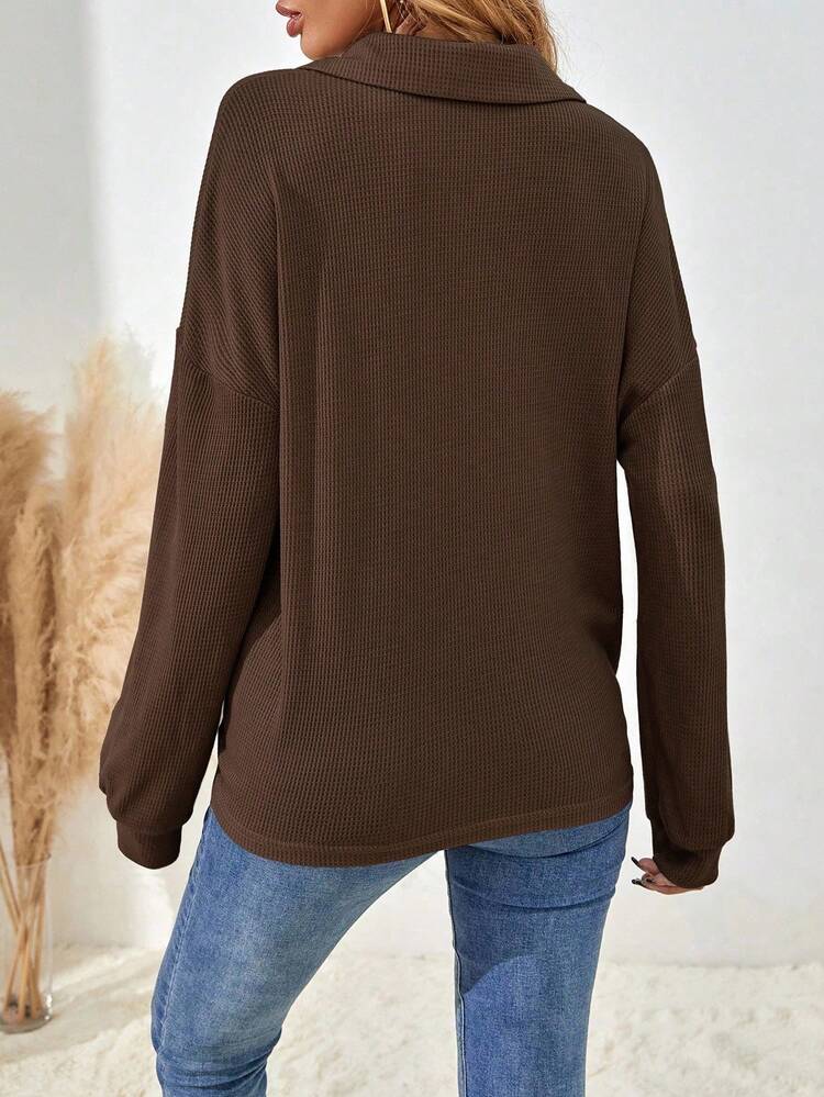 EMERY ROSE Women's Solid Color Drop Shoulder Long Sleeve Button Half Placket Loose Casual T-Shirt - Brown - View 2