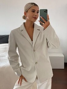 Livesso Women's Solid Color Loose Casual Blazer Business Attire - Beige - View 5