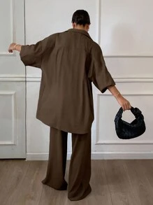 Livesso Toamna/Iarna Nou Lejer Casual Culoare Solidă Slouchy Femei Set 2 Piese Seturi de Lejerie Pentru Femei - cafea maro - Vizualizare 2