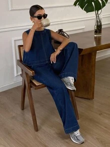 DAZY 秋季新款宽松休闲牛仔连体裤 - 藍色 - 查看 6