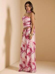 SHEIN BAE 秋季花卉吊带褶皱吊带背心和低腰褶皱雪纺长裙两件套，海滩度假装，女士演唱会礼服，婚礼伴娘两件套 - 彩色 - 查看 5