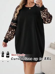 SHEIN CURVE+ Vestido de sudadera casual con mangas raglán y parches de estampado de leopardo para mujer de talla grande en otoño/invierno - Multicolor - Ver 1