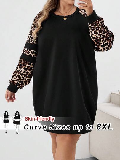 SHEIN CURVE+ Plus Size Women Casual Leopard Patchwork Raglan Sleeve Sweatshirt Dress In Fall/Winter