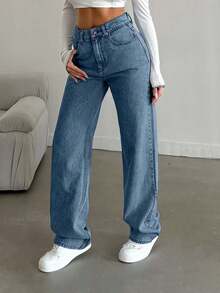 EURMUSE Snow Wash Straight Leg Jeans High Rise ,Petite Women - Blue - View 4