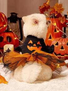 1 件猫狗通用卡通表情印花橙色蓬松薄纱连衣裙，可爱的万圣节宠物连衣裙，适合万圣节派对，PETSIN 原创设计 - 彩色 - 查看 2