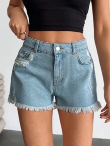 EURMUSE Low Waist Ripped Snow Wash Denim Short - Medium Wash - View 5