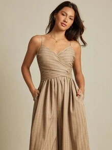 WESTFADE Tonal Striped Woven Surplice V Neck Smocked Back Tie Waist Sleeveless Wide Leg Utility Jumpsuit Fall Clothes For Women, Autumn, Winter, Country Concert Outfit, Boho, Western Wear, Casual, Cute, Nashville Cowgirl - Brown - View 4