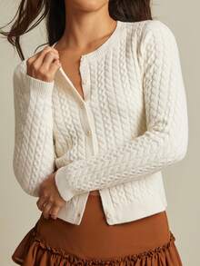 WESTFADE Mix Stitch Cable & Rib Knit Crewneck Button Front Cardigan Sweater Fall Autumn For Women Country Concert - Beige - View 1