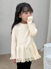 DAZY Young Girls Round Neck Ruffle Hem Loose Long Sleeve Sweater - Apricot - View 5