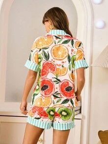 Chillnights Conjunto de pijama de punto juvenil con bolsillos y diseño de frutas coloridas, conjunto de pijama tropical de verano, conjunto de pijama lindo para mujer, conjunto de pijama con estampado de frutas para mujer, conjunto de salón de verano para mujer - Multicolor - Ver 2