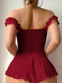 SHEIN 酒红色网眼吊带裙，荷叶边露肩设计，适合女性外出穿着 - 酒紅色 - 查看 2