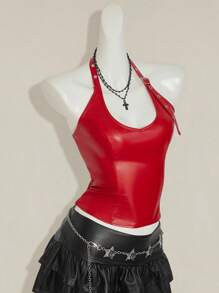 SHEIN ICON Damen einfarbiges minimalistisches Spaghetti-Träger rückenfreies PU-Leder Y2K Camisole Top, Party-/Urlaubsmode, Alltags-Lässig, Weinrot