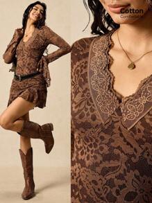 Easelle 蕾丝棕色连衣裙迷你长袖喇叭袖不对称蕾丝波西米亚风西部游牧风连衣裙喇叭长袖秋冬搭配复古 - 咖啡 - 查看 2