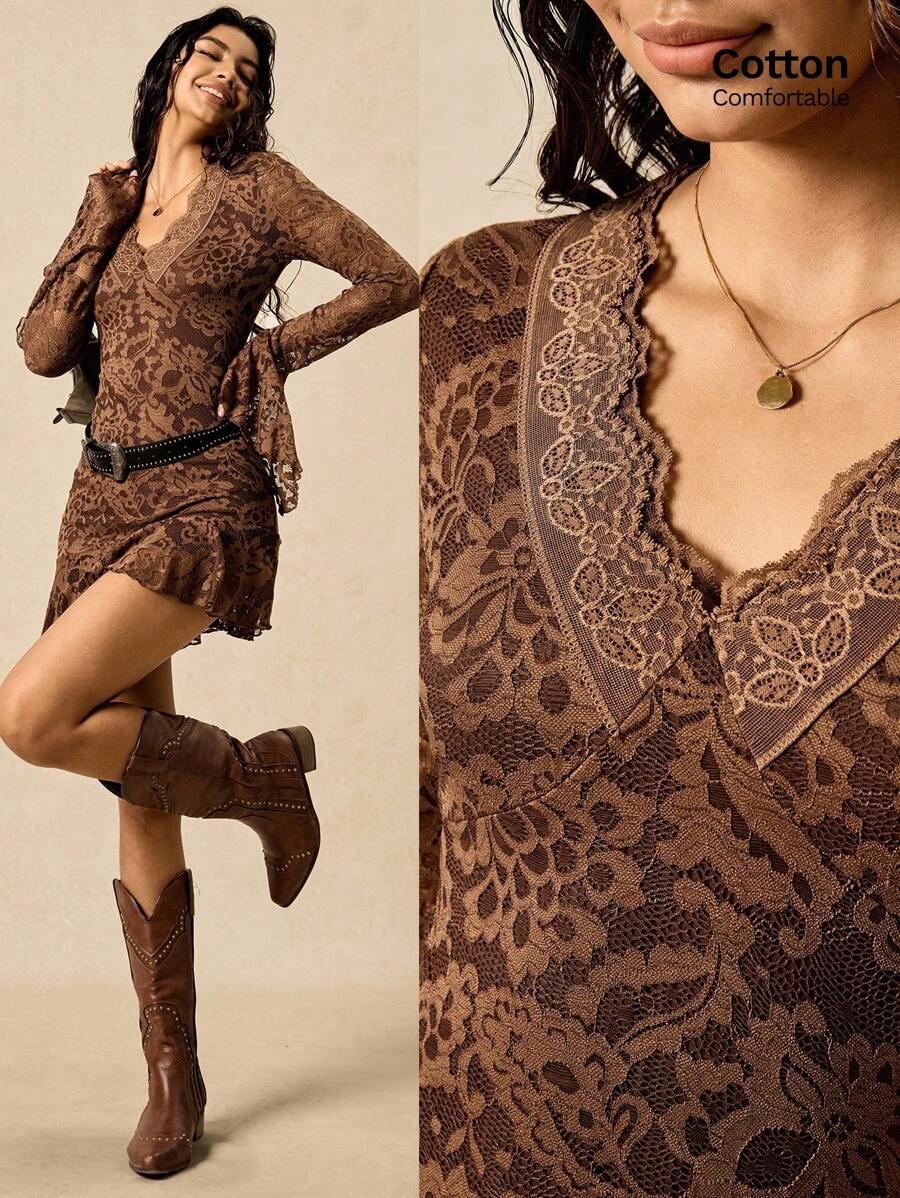 Easelle 蕾丝棕色连衣裙迷你长袖喇叭袖不对称蕾丝波西米亚风西部游牧风连衣裙喇叭长袖秋冬搭配复古