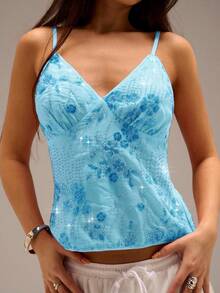 Avantive Áo hai dây thêu hoa sequin mới mùa hè, trang phục dự tiệc cho nữ - Màu xanh bạc hà - Xem 5