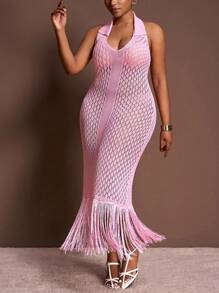 Slaydiva Đầm len dài không tay màu hồng trơn lãng mạn, cổ yếm, vạt tua rua, dành cho nữ, size lớn, mùa đông thu. - Hồng - Xem 8