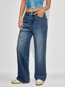 SHEIN EZwear 女士休闲直筒纽扣口袋牛仔裤，百搭日常穿着 - 藍色 - 查看 3