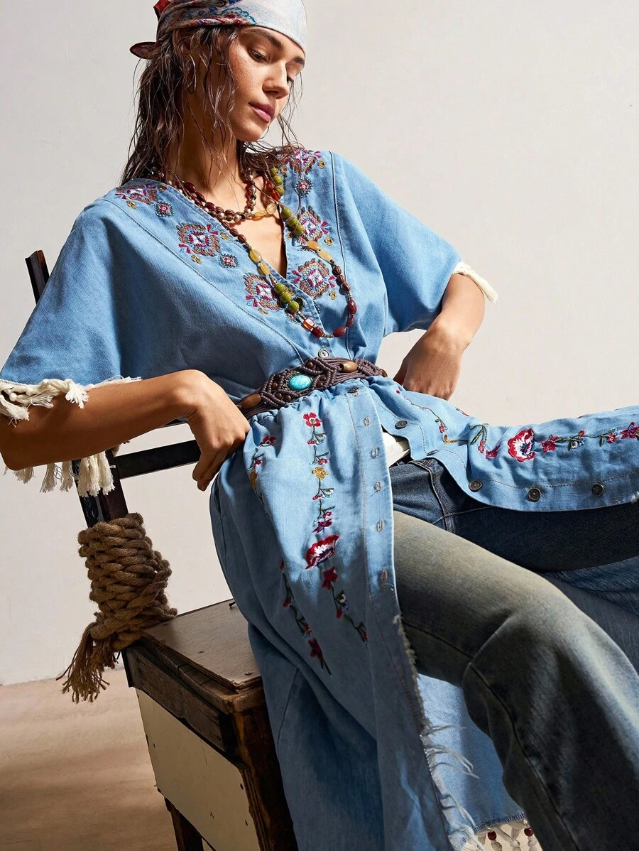 Bohemela 波西米亚风西部牛仔复古度假波西米亚刺绣休闲梭织女式牛仔连衣裙