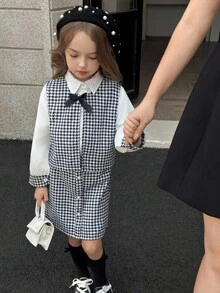 SHEIN Elladie kids 3 Stücke Mädchen (Kleine Größe) Hahnentrittmuster Schleife Ärmellose Weste Jacke, Langarm Kragen Lässig Beige Hemd Bluse mit Perlknöpfen, Hahnentrittmuster Rock Set, Frühling/Herbst Mode Outfit