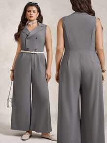 Zelara Plus Size Grey Solid Sleeveless Jumpsuit For Summer,Casual Bussines Semi Formal Work Clothes,Women Lapel Button Stretchy Homecoming Professional Sets - Grey - View 1