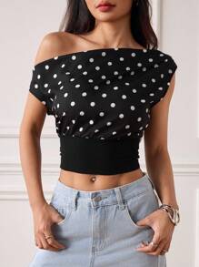 SHEIN PETITE 夏季新款女士波点上衣，Y2K，外出上衣，复古风女士，机场女士