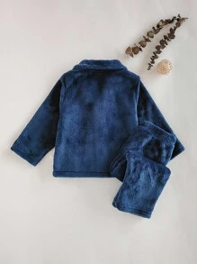 Bộ đồ ngủ nỉ 2 món cho bé trai, màu xanh hải quân trơn, áo khoác cardigan cổ bẻ tay dài và quần, đồ mặc nhà mùa thu/đông cho bé trai, bộ đồ ngủ cho bé trai, đồ ngủ màu xanh hải quân cho bé trai, đồ ngủ cho bé sơ sinh, đồ ngủ mùa thu cho bé trai. - Màu xanh lam - Xem 2