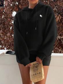 SHEIN EZwear 休闲简约马匹印花连帽长袖宽松女式卫衣，秋冬 - 黑色 - 查看 5