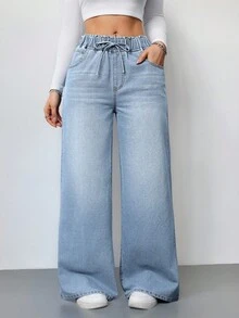 SHEIN PETITE 女士蓝色牛仔裤夏季阔腿裤舒适松紧腰带口袋夏季休闲装 - 淺色水洗藍 - 查看 5