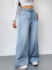 SHEIN PETITE 女士蓝色牛仔裤夏季阔腿裤舒适松紧腰带口袋夏季休闲装 - 淺色水洗藍 - 查看 6