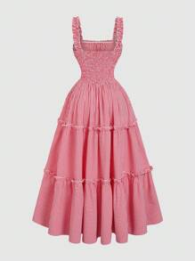 Sweetra Plus Size French Style Wide Strap A-Line Dress, Waist Cinched Slimming Design