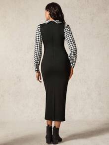 SHEIN Elegant Commuter Houndstooth Print Patchwork Fitted Maternity Dress - Black and White - View 2