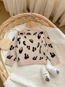 SHEIN Babygirl Casual Leopard Print Knitted Cardigan, Versatile For Autumn/Winter Baby Girl Leopard Cardigan Leopard Print Baby Sweater Baby Knitwear Infant Girl Clothes Leopard Print Baby Girl Fall Sweater - Camel - View 2