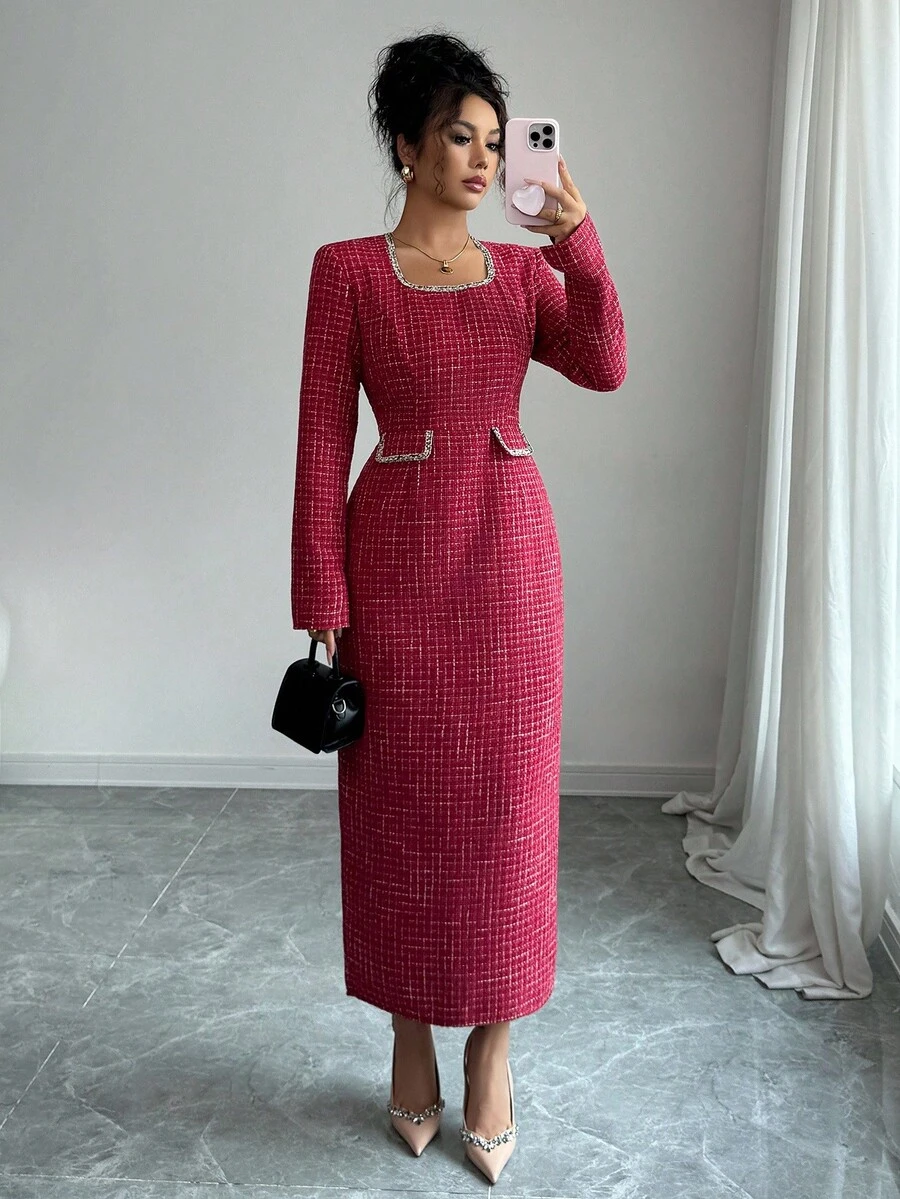 Elenzga Damen Patchwork Saum Schlitz Bleistiftrock, tailliertes Design, langes elegantes vintage minimalistisches Kleid, geeignet für Ausflüge, Dates, Alltag, Teegesellschaften, Herbst/Winter - Bordeaux - Übersicht 1