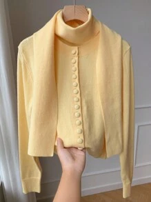 SHEIN EZwear Women's Butter Yellow Solid Color Long Sleeve Casual Cardigan With Scarf,Old Money Style Women ,Cute Sweater,Fall/Winter Sweater For Women - Yellow - View 6