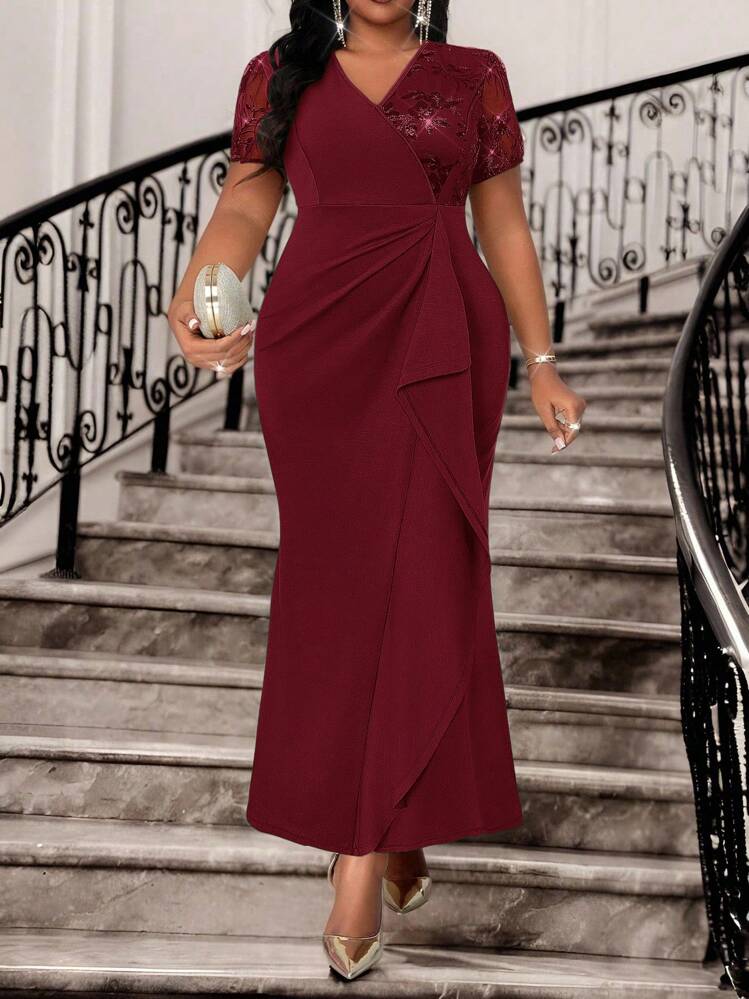 shein burgundy formal dress Lady Women's Elegant Winter Wedding Guest Dress,Plus Size Sequin Embroidery V Neck Mermaid Slit Ruffle Hem Party Midi Long Sleeve dress