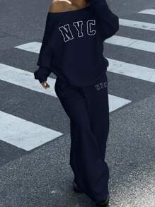 Muchica 2 件套女士纽约印花超大露肩宽松卫衣和阔腿羊毛裤套装，适合秋冬季 - 藏蓝色 - 查看 3