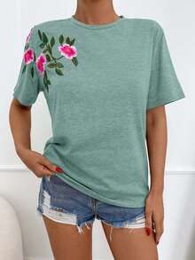 EURMUSE Áo thun cotton 100% thêu hoa, cổ tròn - Màu xanh Bạc hà - Xem 4