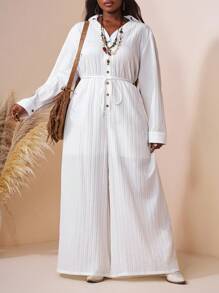 SHEIN CURVE+ 2025 年新款时尚白色休闲衬衫上衣，正面纽扣和腰带，加大码褶皱阔腿连体裤，适合春夏休闲、生日派对、日常穿着、Datefall 女士服装、冬季、CURVE PLUS/秋冬 - 白色 - 查看 5