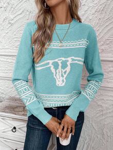 EURMUSE Runder Kragen Kontrast Farbe Ochsenmuster Lässiger bequemer Pullover Pullover für Herbst/Winter