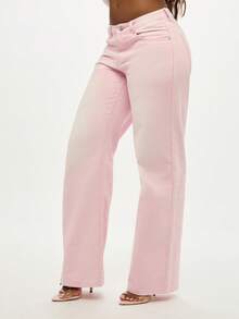 SUMWON WOMEN Quần jeans ống rộng cạp cao phong cách Y2K cổ điển, vừa vặn, thời trang - Hồng - Xem 1