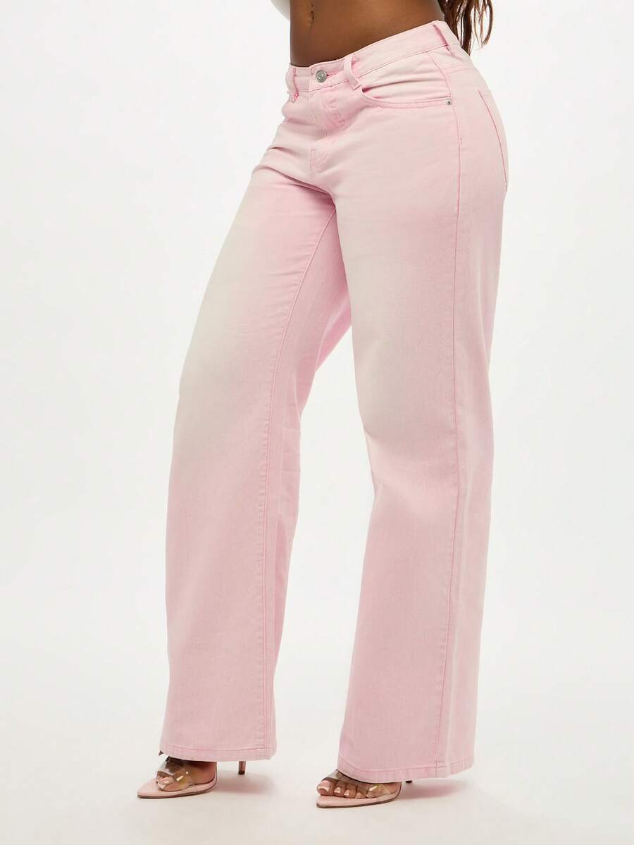 SUMWON WOMEN Quần jeans ống rộng cạp cao phong cách Y2K cổ điển, vừa vặn, thời trang - Hồng - Xem 1