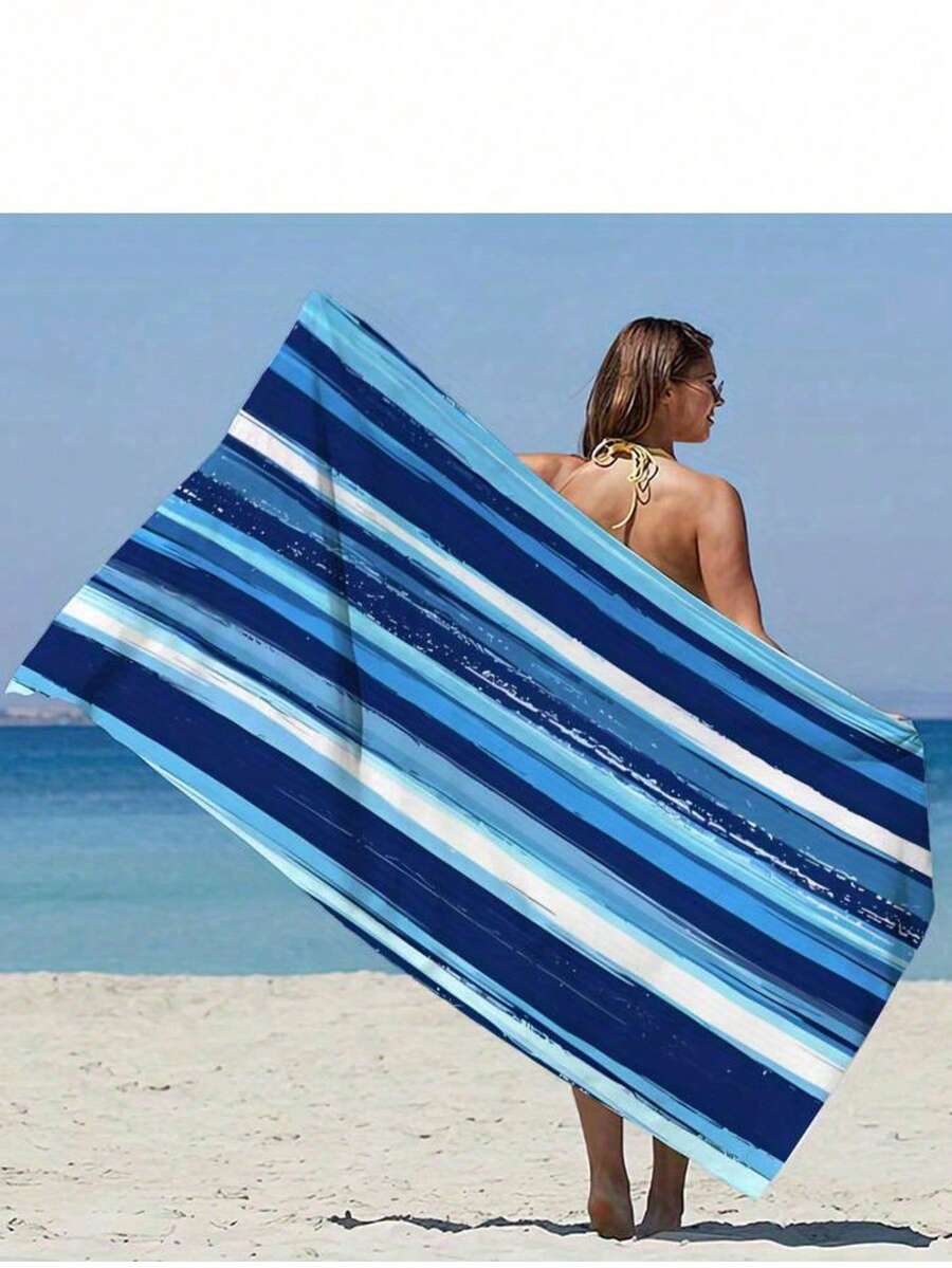 SHEIN 1条蓝色抽象条纹印花沙滩巾 - 大号,超柔软,速干,现代设计,适合海滩、游泳和夏季探险,轻盈涤纶材质,必备沙滩巾,旅行必备,旅行配件,沙滩必备 - 藍色 - 查看 1