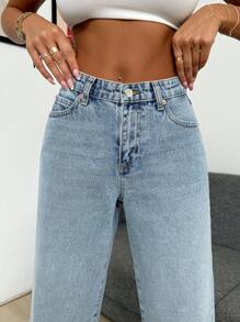 EURMUSE 高腰淺色洗水直筒短褲 - 淺色水洗藍 - 查看 5