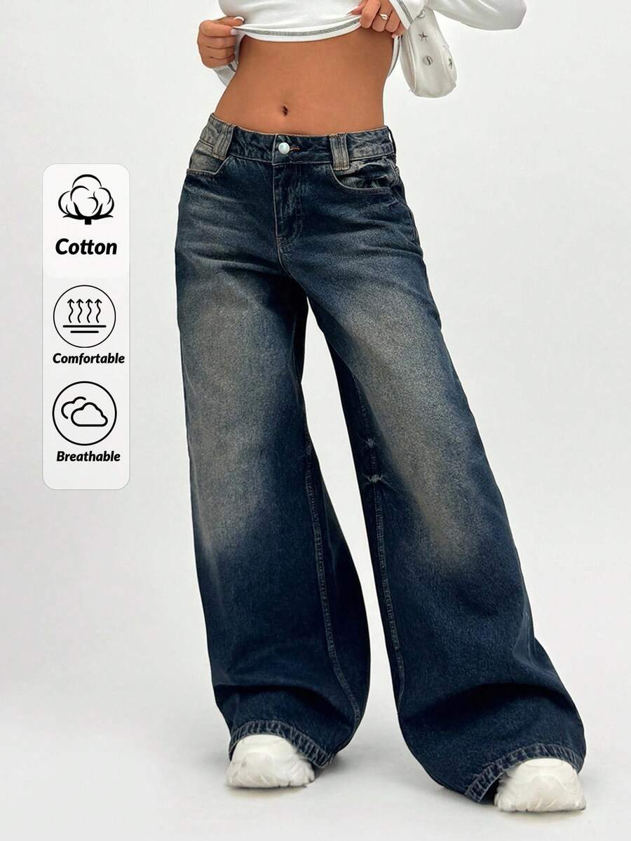 EURMUSE Low Waist Wash Detailed Wideleg Jean - Medium Wash - View 1