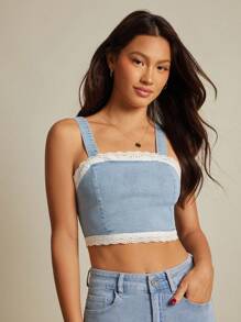 WESTFADE 西部混合材质棉混纺牛仔布和夏季花卉孔眼方领修身荷叶边背心，适合返校季，可爱秋季乡村夏季海滩度假 - 淺色水洗藍 - 查看 3