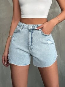 EURMUSE 女士磨損後的鬆繩牛仔短褲 - 淺色水洗藍 - 查看 5