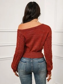 SHEIN LUNE Halloween Sexy Oblique Shoulder Gold Thread Orange Long Sleeve Waist Fitted Knit Sweater, Suitable For Commuting, Autumn/Winter,Maillard Style - Orange - View 2