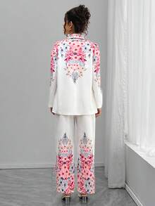 Momance 2件套孕妇优雅花卉印花衬衫和裤子套装 - 白色 - 查看 2