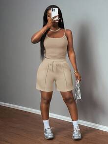 Slaydiva New Spring And Summer Casual Basic Sports Style U-Neck Suspender Vest + Five-Point Trousers With Tooth Strips Decorative Sweatpants White Women's Two Pieces Set-A - Apricot - View 9